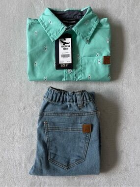 American Hawk Boys 2T Mint Bunny Print Button-Up Shirt & Denim Jeans Boys Set